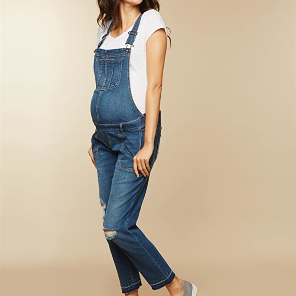 Indigo Blue distressed maternity overalls Large